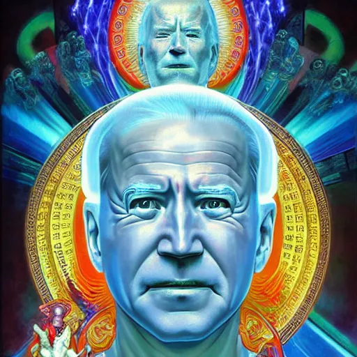 Prompt: cyberpunk bodhisattva joe biden by alex grey, jon mcnaughton, alphonse mucha, rembrandt, and william blake