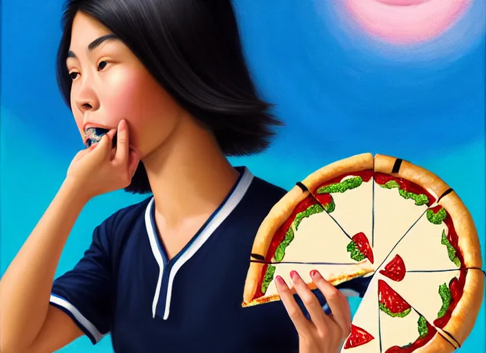 Prompt: portrait of a Asian Mexican mix race young woman school with short hair wearing a navy and white sepuku uniform and eating a pizza on a pink floatie in Kalakaua avenue in Waikiki beach, intricate, elegant, highly detailed, centered, digital painting, artstation, concept art, smooth, sharp focus, illustration, by Peter Mohrbacher, WLOP