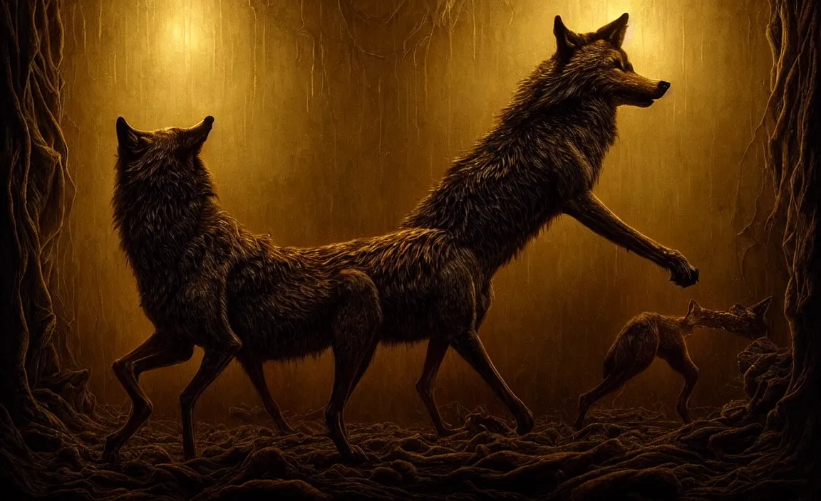 Image similar to epic professional digital art of hungry like the wolf, eerie dim gold lighting, painted, intricate, detailed, detailed, foreboding, by leesha hannigan, wayne haag, reyna rochin, ignacio fernandez rios, mark ryden, iris van herpen, hdr, epic, stunning, gorgeous, much wow, cinematic, masterpiece