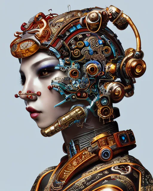 Image similar to portrait of a cyberpunk machine, machine face, upper half portrait, decorated with chinese opera motifs, asian, fine china, traditional chinese art, intricate, elegant, highly detailed, symmetry, headpiece, digital painting, artstation, concept art, smooth, sharp focus, illustration, art by artgerm and greg rutkowski and alphonse mucha, 8 k