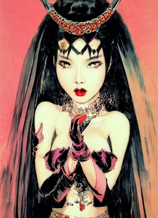 Prompt: female korean vampiress, jeweled headdress, heavy mascara, strong line, saturated color, beautiful! coherent! by frank frazetta, high contrast, minimalism