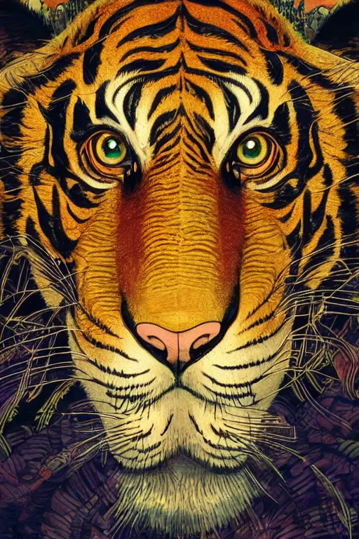 Image similar to a beautiful hyperdetailed illustration of absolutely beautiful tiger head design, from china, solid background, perfectly shaded, atmospheric lighting, style of studio ghibli, makoto shinkai, raphael lacoste, louis comfort tiffany, artgerm, james jean, victo ngai, ross tran, chinese style