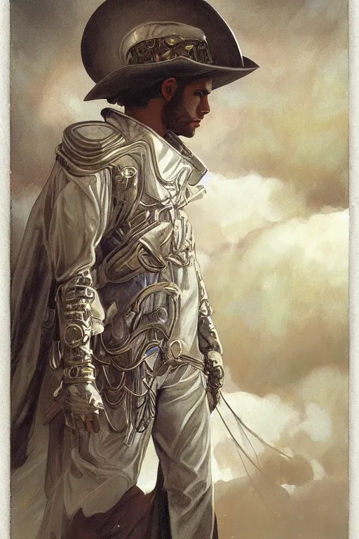 Prompt: a dramatic ethereal epic symmetrical painting of a handsome cowboy in a silver outfit | tarot card, art deco, art nouveau, (steampunk), homoerotic, realistic | by Greg Rutkowski, by Mark Maggiori and ((((Alphonse Mucha))) | trending on artstation