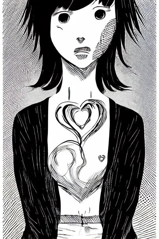 Prompt: portrait of a girl in long pants and a top, hands in pockets, eyes closed, red color heart shaped tattoo on the right hand, bob haircut, digital art, black and white, illustration by junji ito and kaoru mori