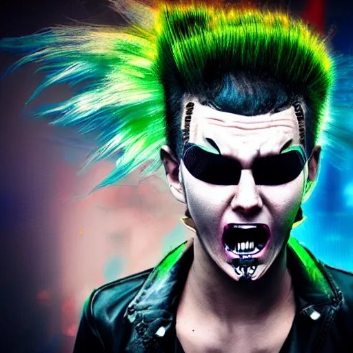 Image similar to neonpunk anarchist with mohawk and cyber implants on face, fuming, angry, grinning, pixel art