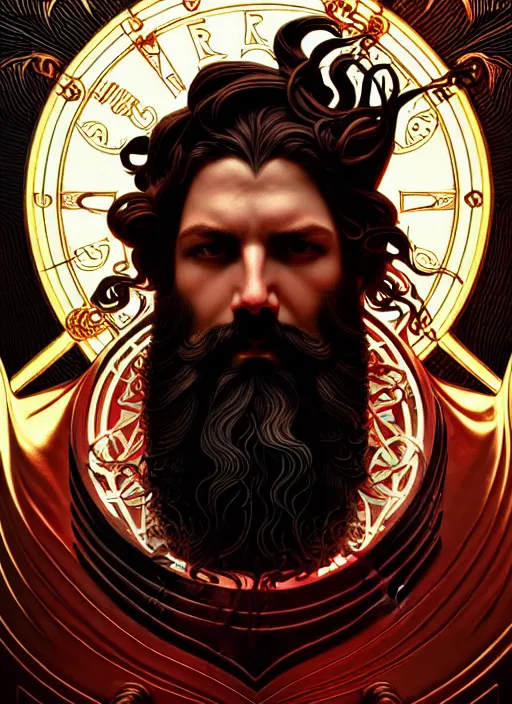 Image similar to furious god zeus, wavy black hair, bushy beard, glowing eyes, volumetric lights, red and gold scheme, art nouveau botanicals, gothic, intricate, highly detailed, digital painting, artstation, concept art, smooth, sharp focus, symmetric face, illustration, steampunk, art by artgerm and greg rutkowski and alphonse mucha