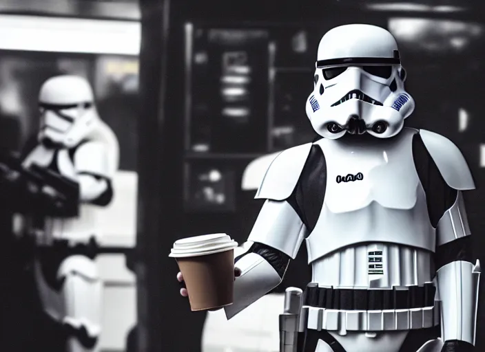 Image similar to film still of a storm trooper holding a cup of coffee in a convenience store in the new Star Wars movie, 4k, black and white