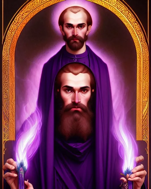 Image similar to portrait of saint germain, he is holding the violet purple indigo flame, completely violet colored, intricate, elegant, highly detailed, digital painting, artstation, concept art, smooth, sharp focus, illustration, art by artgerm and greg rutkowski and fra angelico and alphons mucha