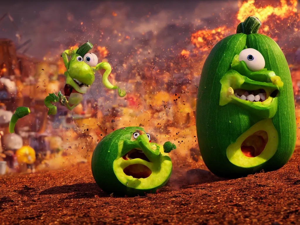 Image similar to detailed 3 d render of a raging zucchini character with burning scissors running on dirt road, scared tomates scattered everywhere, high speed action, explosions, dramatic scene, hyper realistic octane render, cinematic lighting, splatter, deviantart, black sky, lowbrow, frame from pixar movie