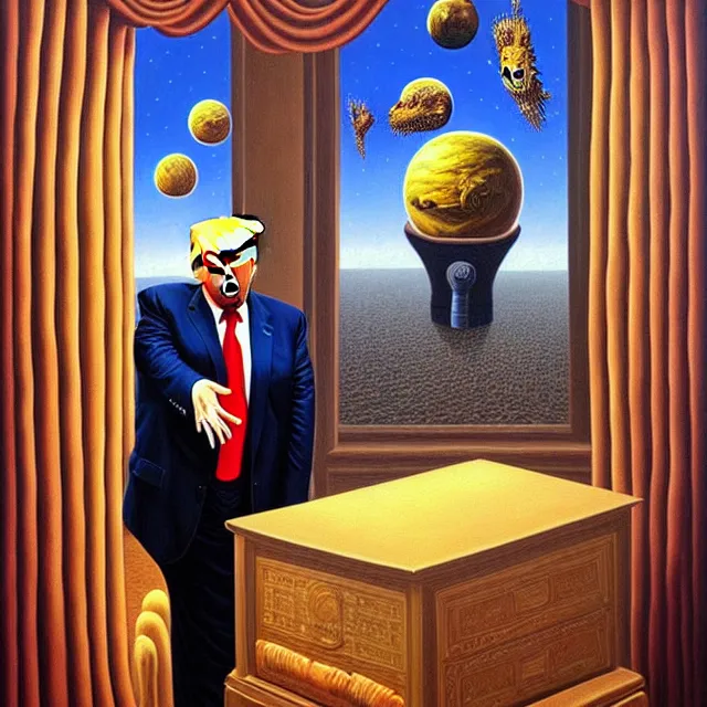 Image similar to an oil on canvas portrait of trump in the whitehouse, surrealism, surrealist, cosmic horror, rob gonsalves, high detail