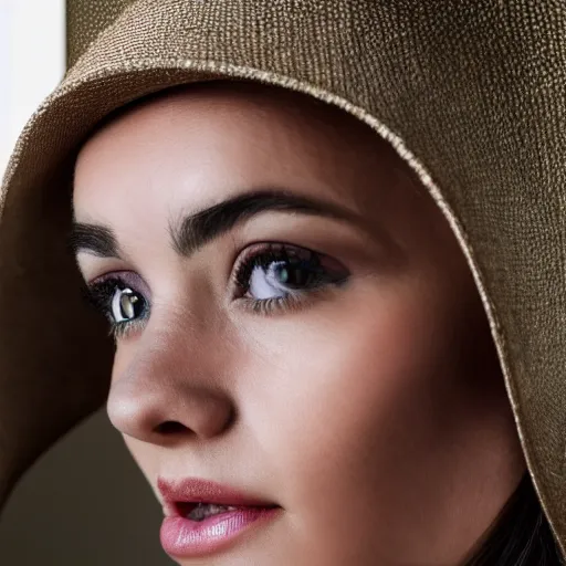 Prompt: a close up photo portrait of a beautiful italian woman wearing a tesseract silk hat, studio lighting, guggenheim, 4 k