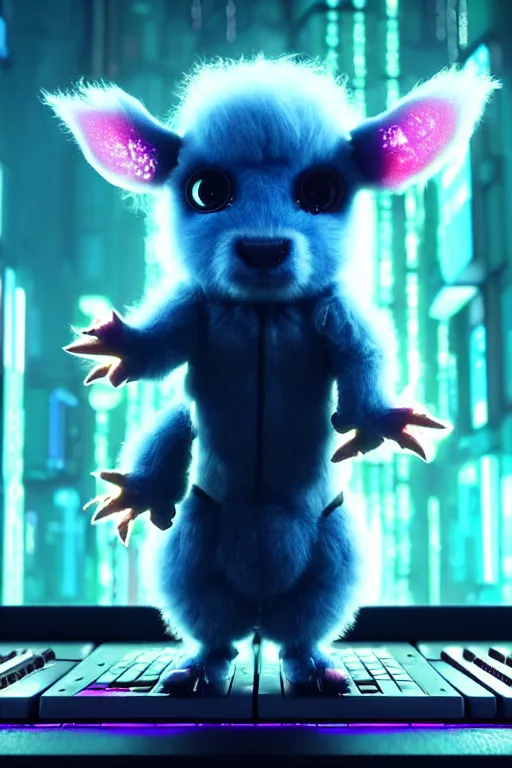 Image similar to high quality 3 d render sci - fi very cute neuromancer fluffy! mutant cow hybrid! playing keyboard, highly detailed, unreal engine cinematic smooth, in the style of blade runner & detective pikachu, hannah yata charlie immer, blue light, low angle, uhd 8 k, sharp focus