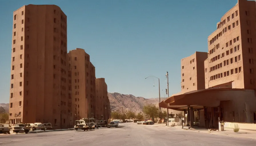 Image similar to 1 9 7 0 s movie still of a empty mammoth stalinist style town with high - rise in the desert, cinestill 8 0 0 t 3 5 mm eastmancolor, heavy grain, high quality, high detailed