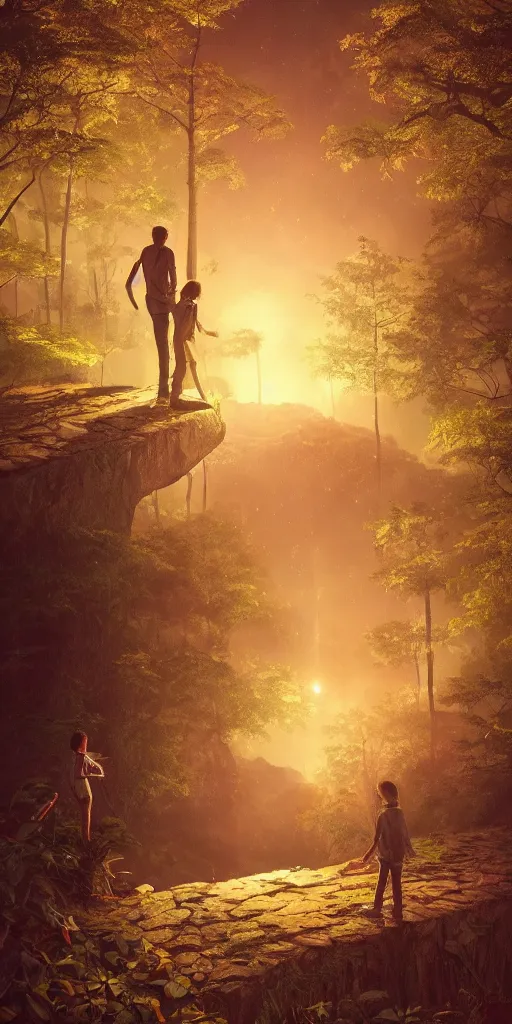 Image similar to symmetry!! they stared at the fireflies as they filled the scenery, surreal landscape, golden hour, very detailed, perfect composition, perfect lighting, 4 k, trending on artstation, greg rutkowski, derek zabrocki, artgerm, photograph, realistic, octane render, 3 d, blender