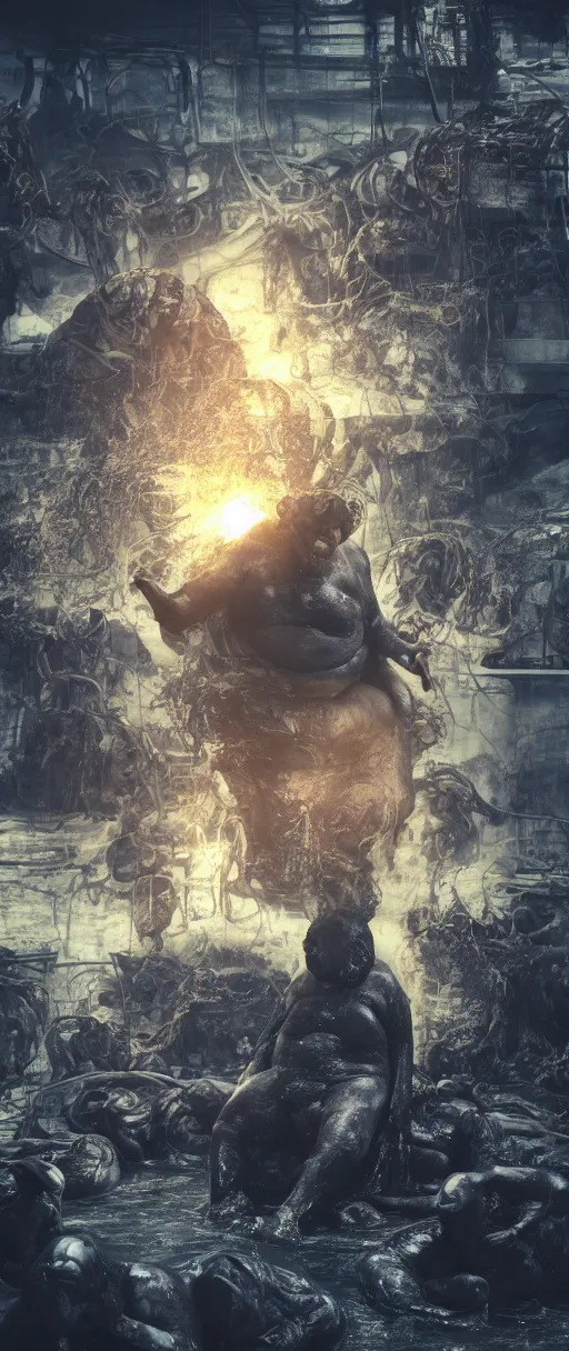 Image similar to baron harkonnen floats above a pool of the mods of stable diffusion immersed in black oil, screaming, as parts of the bodies melt into the oil like sludge, designed by moebius yasushi nirasawa, hdr, 8 k, bokeh, octane render, mist, sanitarium hrgiger background