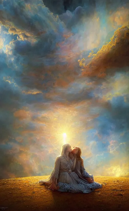 Image similar to peaceful uncertainty of saying goodbye, crossing over the spiritual veil to heaven, sharp focus, intricate, elegant, digital painting, artstation, matte, highly detailed, concept art, illustration, volumetric lighting, gold and blue and pink color scheme, bokeh light, art by greg olsen, arnold friberg, and liz lemon swindle