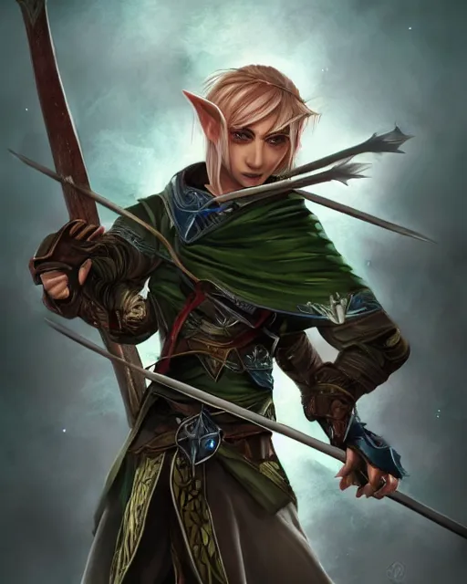 Image similar to male elf archer in a hoodie wielding a magical bow while aiming towards you, mixed brushes, WLOP style, character art, fighting pose, mixed media, digital art, trending on artstation, 8k, epic composition, highly detailed, sharp focus