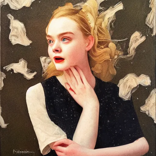 Image similar to Elle Fanning at night, stormy weather, extremely detailed masterpiece, oil on canvas, by Norman Rockwell and Peter Ruben,