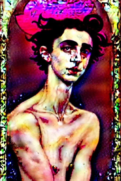 Image similar to portrait, lovely magical goddess feminine timothee chalamet, pink, tarot card, art nouveau, edmund dulac, john baer, kay neilsen, tom bagshaw, sargent