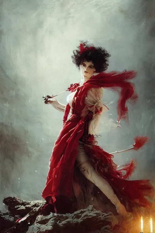 Prompt: a vampire with long light white hair and a red scarf, windy, ribbons, melancholic, modern maximalist fashion dress, is ( ( holding a sword ) ). light dust, magnificent, hyperdetailed, theatrical, painted by jean honore fragonard and greg rutkowski