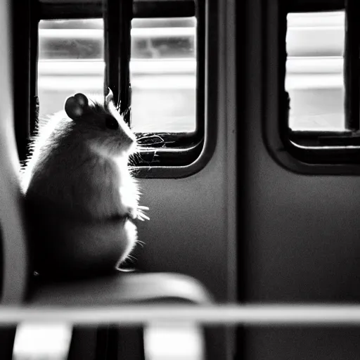 Image similar to distant photo of a hamster, sitting on a seat in a train, various poses, unedited, soft light, sharp focus, 8 k