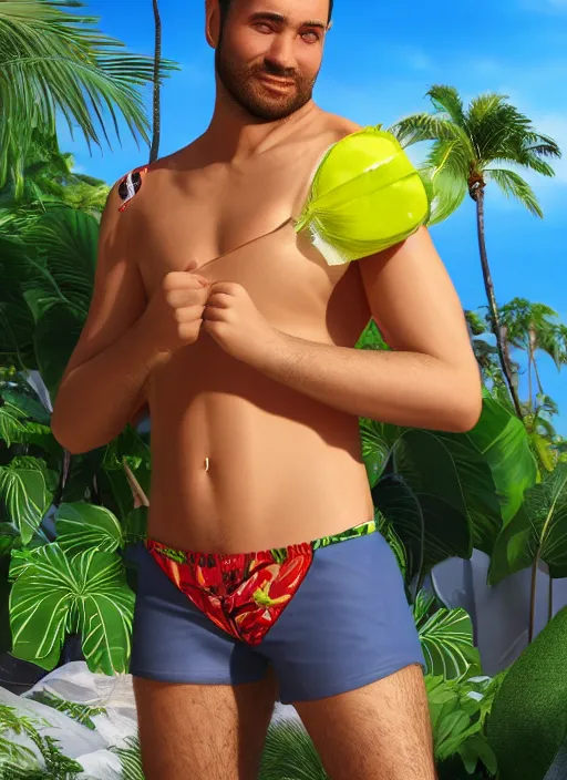 Image similar to 3 2 - year - old sporty man, short stubble, wearing tropical shirt and speedo, character design, octane render, 8 k, portrait