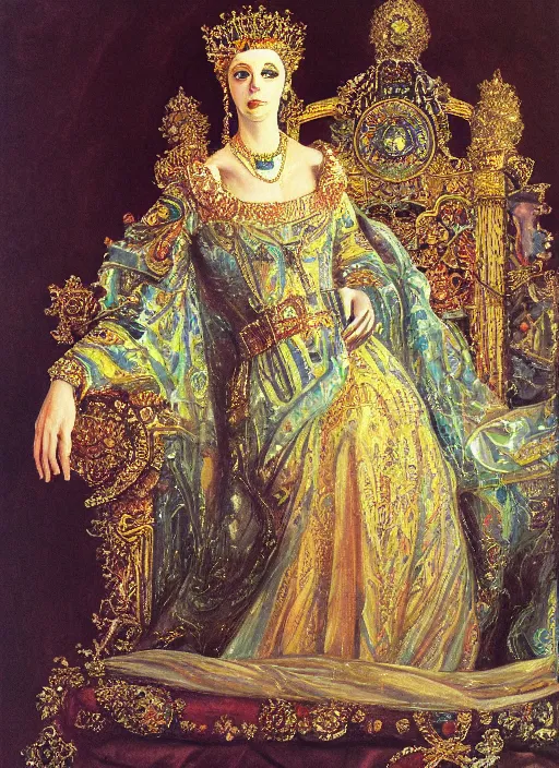 Image similar to oil painting of portait Queen of Ecstasy in a large throne room, Hungarian, by Yoshitaka Amano