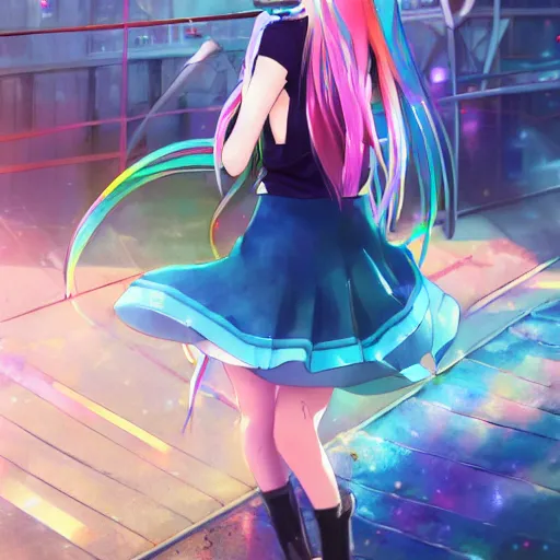 Image similar to a very beautiful anime girl, full body, long rainbow iridescent hair, sky blue eyes, full round face, short smile, mini jeans skirt, cute top, urban setting, cinematic lighting, medium shot, mid-shot, highly detailed, trending on Artstation, Unreal Engine 4k, cinematic wallpaper by Stanley Artgerm Lau, WLOP, Rossdraws, James Jean, Andrei Riabovitchev, Marc Simonetti, and Sakimichan