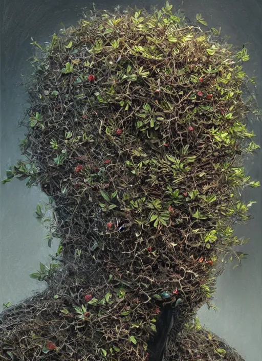 Image similar to a black suit with a flowery bush growing from the neck hole, intricate roots, highly detailed, concept art, hyperrealistic, oil painting by greg staples, 8 k