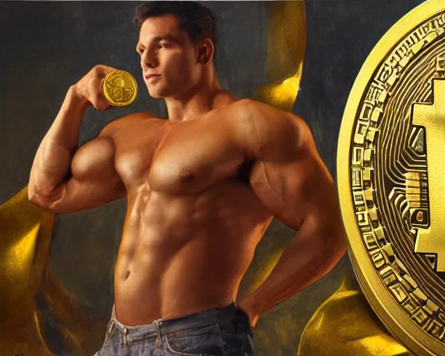 Image similar to attractive muscular bulky man posing in front of a huge golden bitcoin, commercial by annie liebovitz, gaston bussiere, craig mullins, j. c. leyendecker