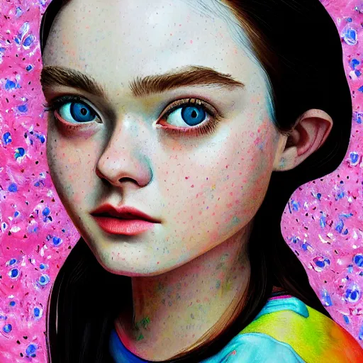 Image similar to professional painting of Elle Fanning in the style of Hikari Shimoda, head and shoulders portrait, symmetrical facial features, smooth, sharp focus, illustration, intricate, stormy weather, extremely detailed masterpiece,