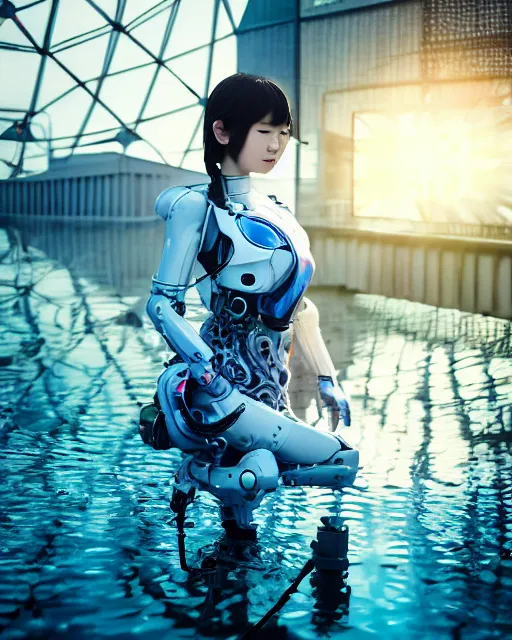 Image similar to beautiful centered photo of korean girl as a solarpunk cyborg with white mechanical parts and implanted bright halogen lamps, treading above calm water, ultra - realistic and detailed, sun lit, white background, bokeh, soft focus, slow exposure hdr 8 k