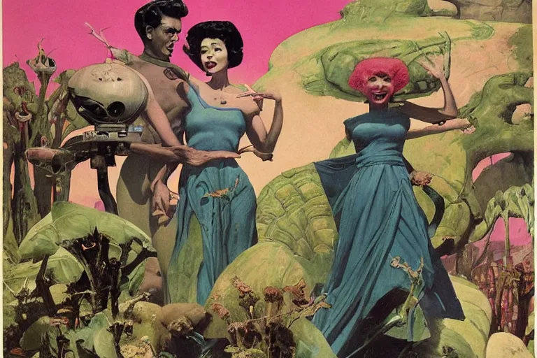 Image similar to 5 0 s pulp scifi illustration, earth woman in cape meets martian, pink landscape, extra terrestrial plants, pond, baobab trees, painted by norman rockwell, ruan jia, raymond swanland, lawrence alma tadema, zdzislaw beksinski, jack kirby, tom lovell, alex malveda, schomburg, bergey, science fiction