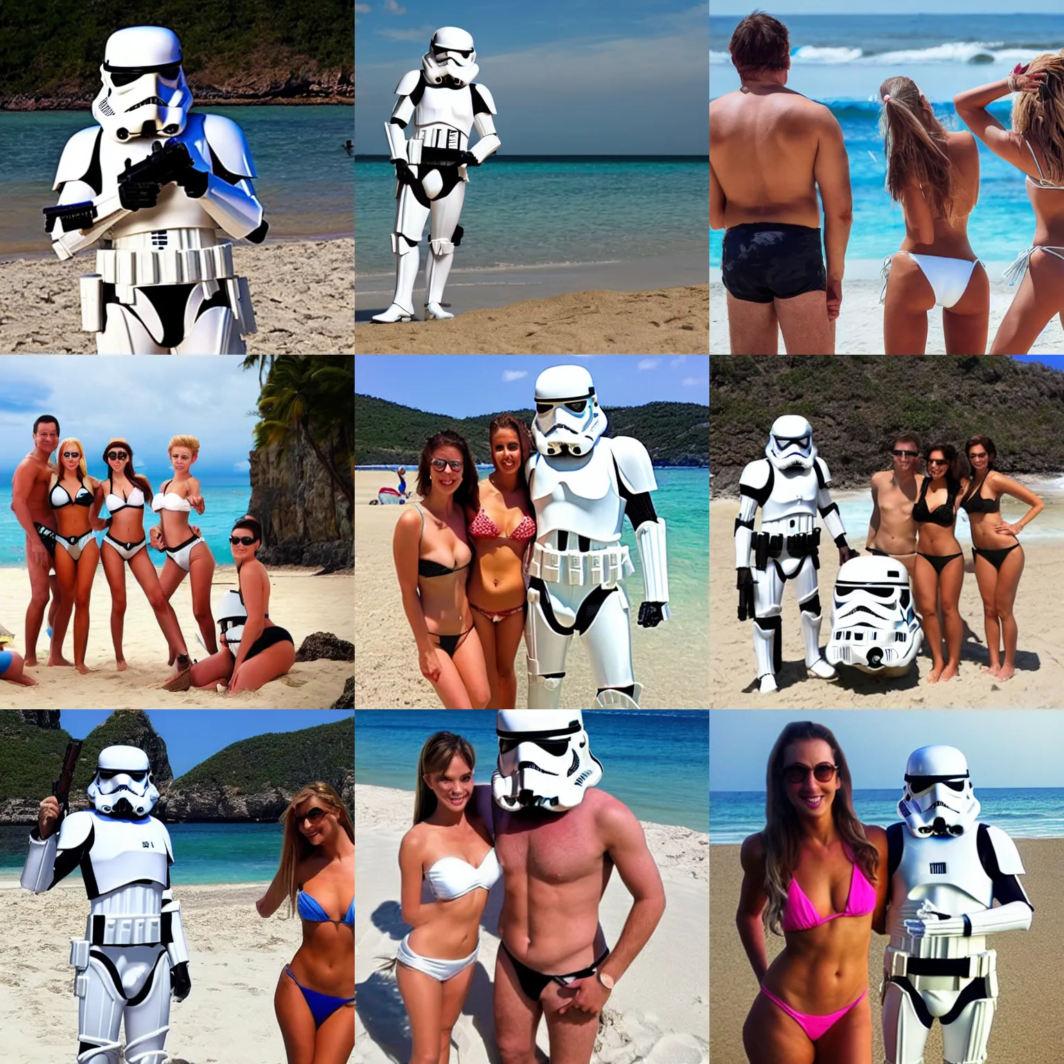 Prompt: vacation photo of storm trooper on beach holiday with bikini models