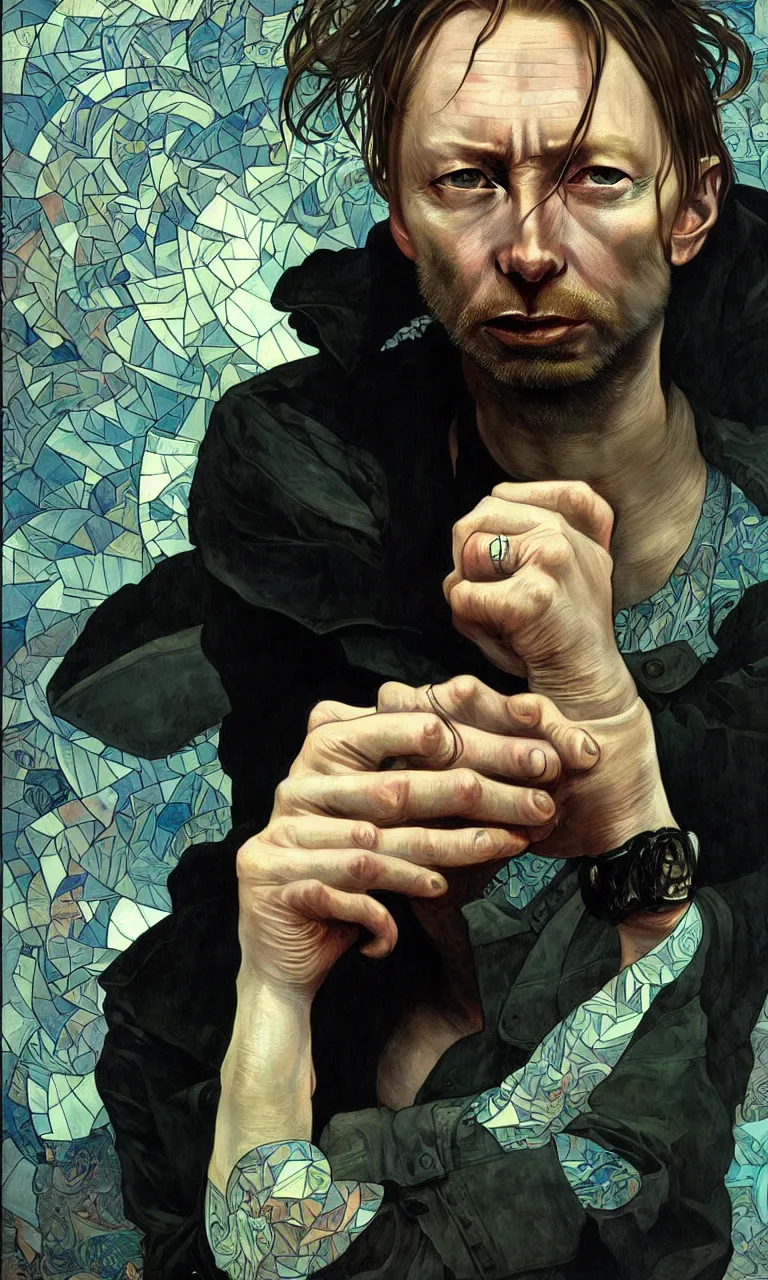 Prompt: hyper realistic portrait of thom yorke singer songwriter by lee bermejo, alphonse mucha and greg rutkowski