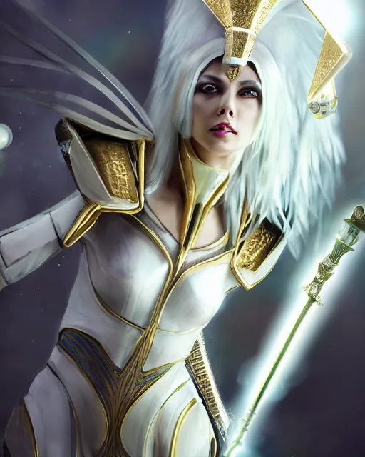 Image similar to perfect white haired attractive egyptian goddess, warframe armor, pharaoh headdress, beautiful, symmetric, dreamy, half asian, pretty face, green eyes, charlize theron, detailed, scifi platform, laboratory, experiment, 4 k, ultra realistic, epic lighting, android body, illuminated, cinematic, masterpiece, art by akihito tsukushi, voidstar