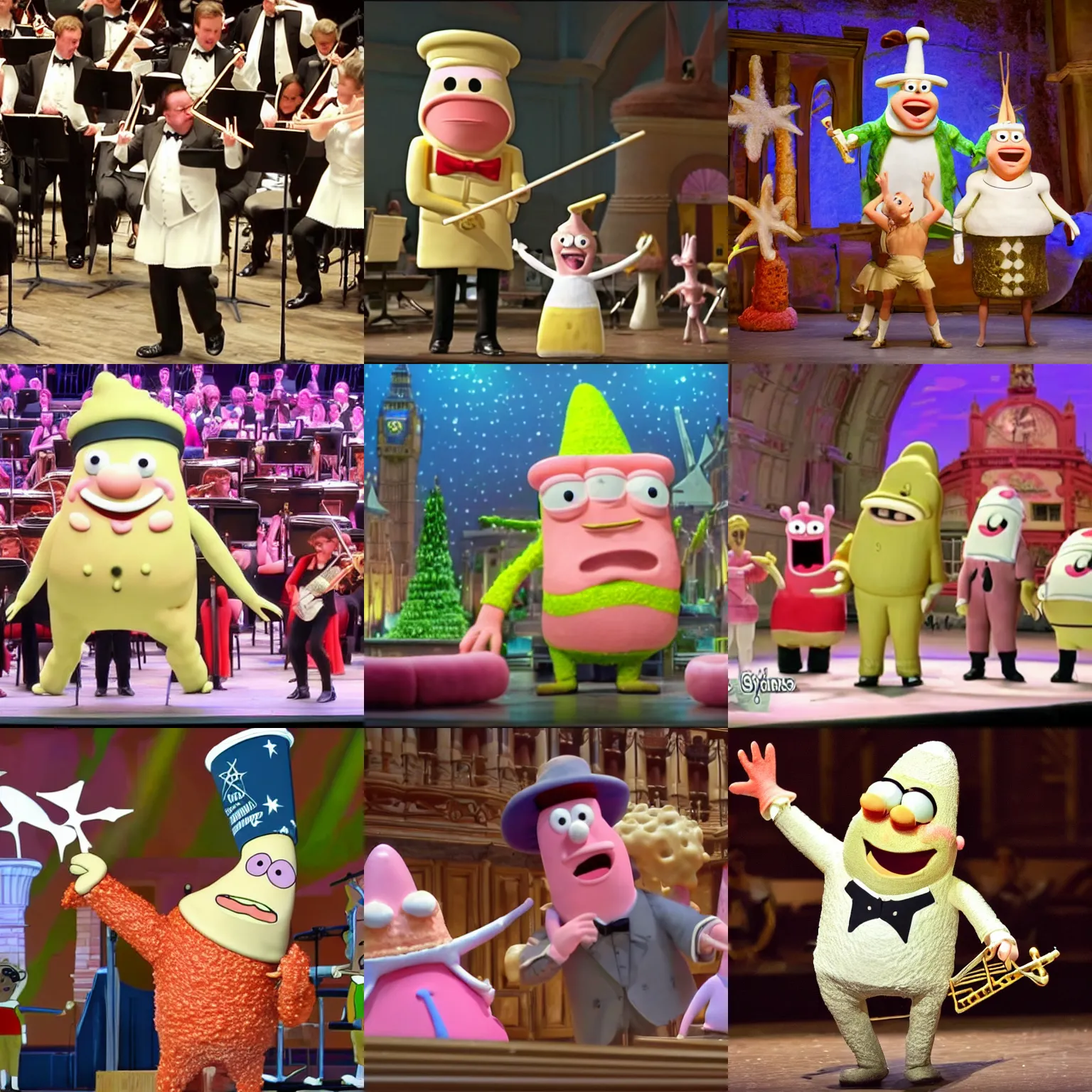 Prompt: Patrick Star plays mayonnaise and horseradish in London Symphonic Orchestra, 8K,