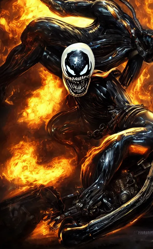 Image similar to venom as ghost rider on a motorcycle, dynamic lighting, photorealistic fantasy concept art, trending on art station, stunning visuals, terrifying, creative, cinematic