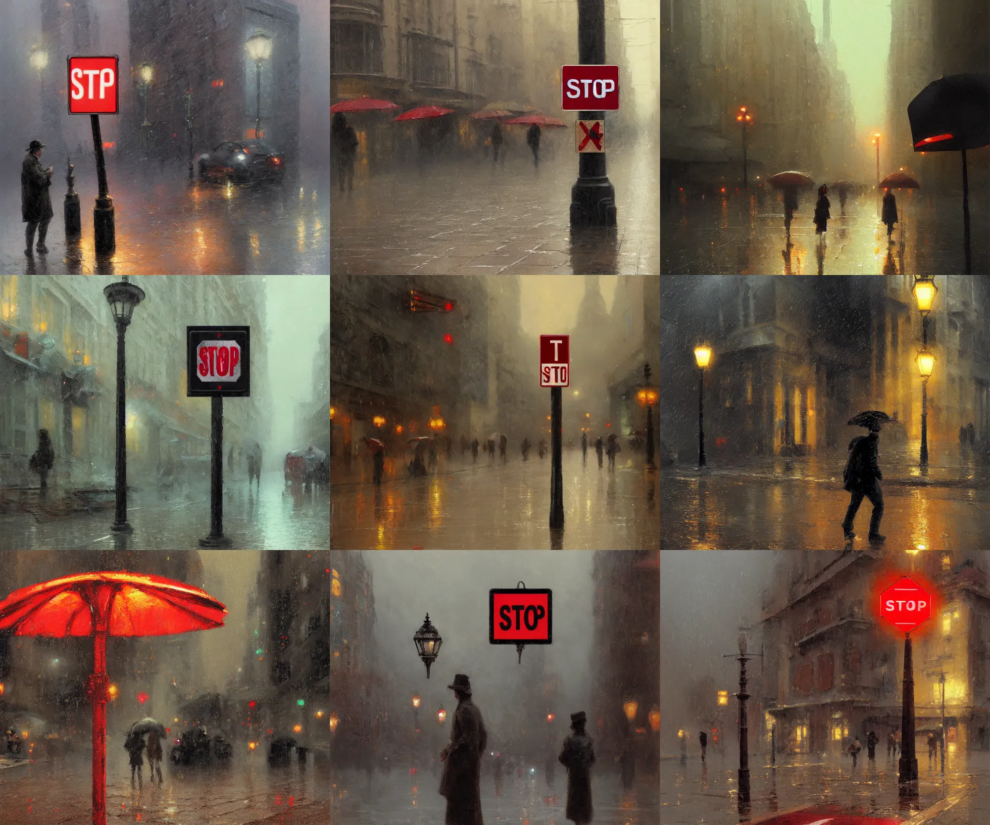 Prompt: digital art painting of a stop sign in the sidewalk during a rainy day painted by craig mullins and gaston bussiere and greg rutkowski, dramatic lighting, symmetrical facial features, symmetrical face, defined facial features, close up