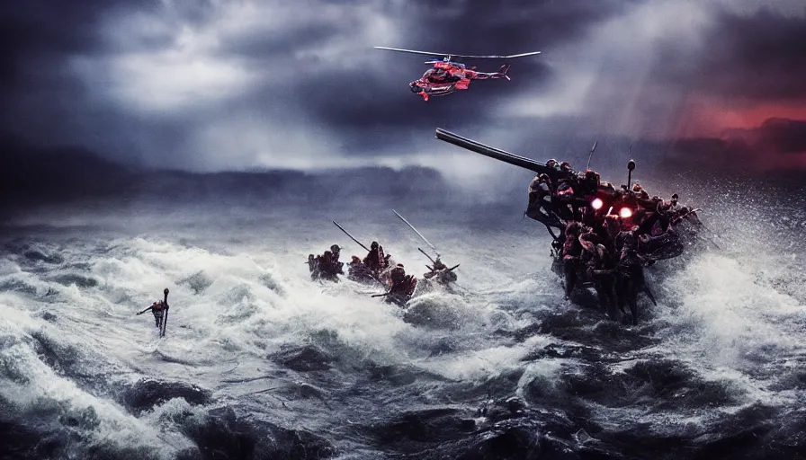 Image similar to cinestill 5 0 d epic photographic environment by steven spielberg of large scale samurai battle in treacherous waters, flooded city, wide shot, moody emotional cinematic, pouring iridescent rain bright spotlight helicopter, 8 k, hd, high resolution, 3 5 mm, f / 3 2, ultra realistic faces,