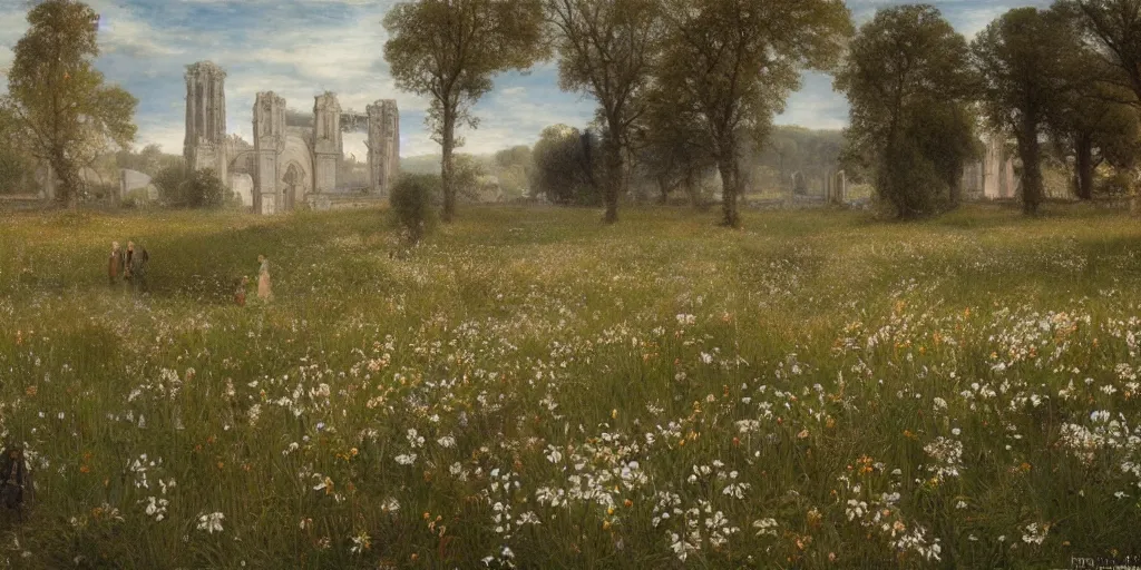 Prompt: a cathedral made of marble within a wildflower meadow at dawn, recursion, in the style of alma tadema