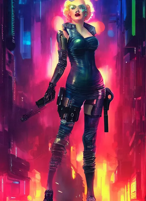 Prompt: Feminist Marilyn Monroe. Cyberpunk assassin in tactical gear. blade runner 2049 concept painting. Epic painting by James Gurney, Azamat Khairov, and Alphonso Mucha. ArtstationHQ. painting with Vivid color. (rb6s, Cyberpunk 2077)