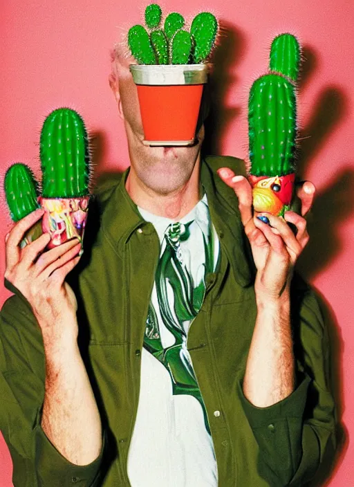 Image similar to extremely detailed studio portrait of hands holding cactuses. surreal photograph, lo - fi, polished look, solid background, silly and serious, hermes ad, fashion photography, toiletpaper magazine by pierpaolo ferrari and maurizio cattelan, 3 5 mm photograph, colourful, david lachapelle, canon eos c 3 0 0, 8 k, medium - format print