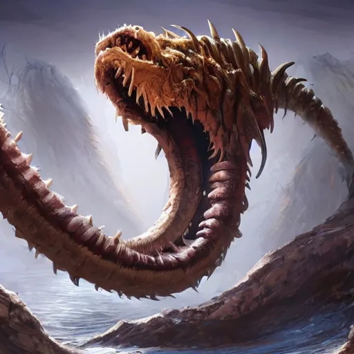 Image similar to a giant worm beast, worm monster, worm mouth, worm round mouth, monster teeth mouth, rock and dust, worm brown theme, bright art masterpiece artstation. 8 k, sharp high quality artwork in style of jose daniel cabrera pena and greg rutkowski, concept art by tooth wu, blizzard warcraft artwork, hearthstone card game artwork, drilling worm monster