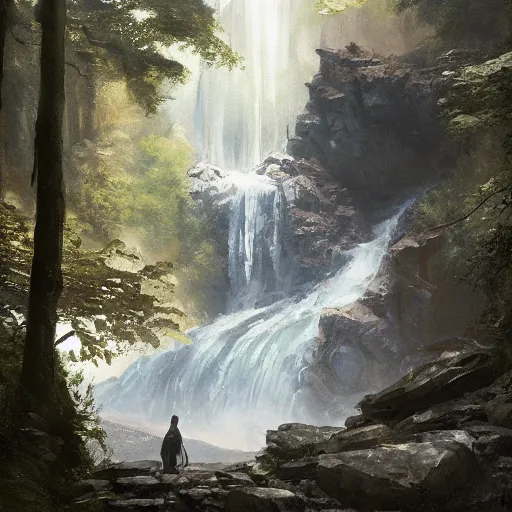 Prompt: Gargantuan stone robot resting in front of a waterfall inside a forest, oil painting, by Greg Rutkowski