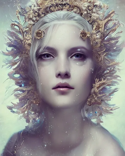 Prompt: 4k cinematic full view ethereal elysian female wearing intricate religious Madonna crown platinum blonde hair rococo style attire by Ruan Jia by Alberto Seveso, detailed and realistic, Artstation