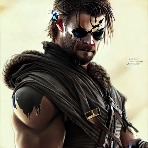 Prompt: Chris Hemsworth with an eye patch as Venom Snake, western, D&D, fantasy, intricate, elegant, highly detailed, digital painting, artstation, concept art, matte, sharp focus, illustration, art by Artgerm and Greg Rutkowski and Alphonse Mucha