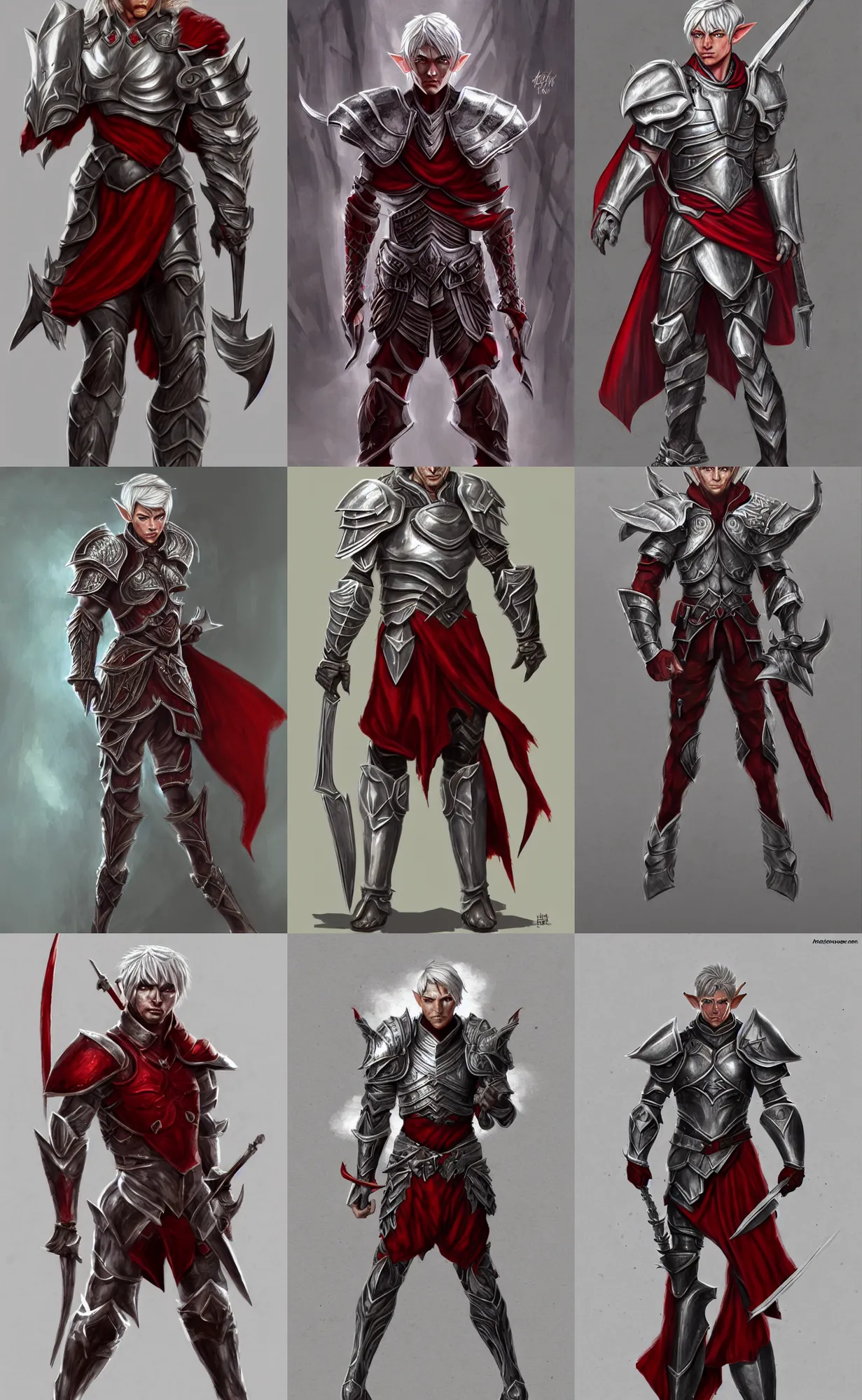 Prompt: A full body illustration of a male elf, short silver hair, red eyes, wearing heavy armor, lean but muscular, attractive, command presence, royalty, weathered face, gritty, hard shadows, smooth, illustration, concept art, highly detailed, muscle definition, ArtStation, ArtStation HQ