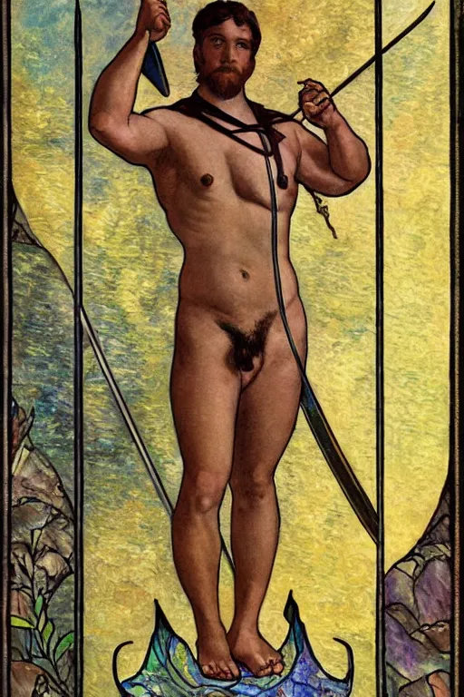 Prompt: tarot card of a shirtless swordsman, dad bod, homoerotic, art deco, art nouveau, by louis comfort tiffany, trending on artstation