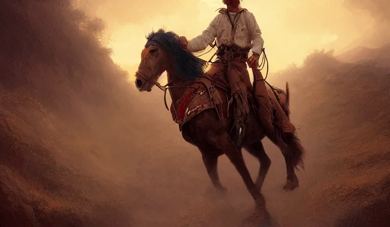 Prompt: cowboy ridding on horse to town in the old west, sharp focus, intricate, elegant, digital painting, artstation, matte, highly detailed, concept art, illustration, volumetric lighting, bokeh light, art by greg olsen and liz lemon swindle